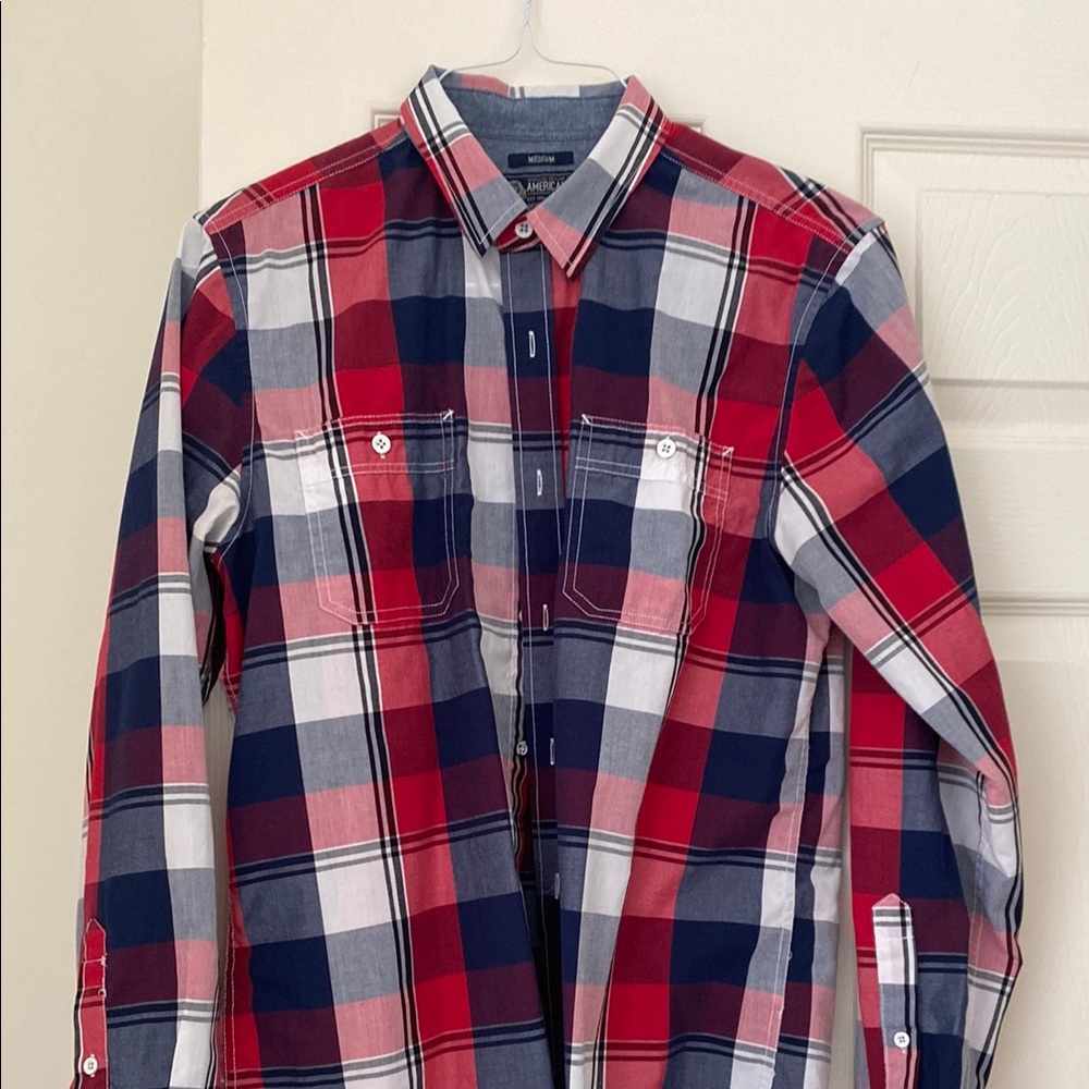 American Rag Red and Blue Casual Button Down Shirt
